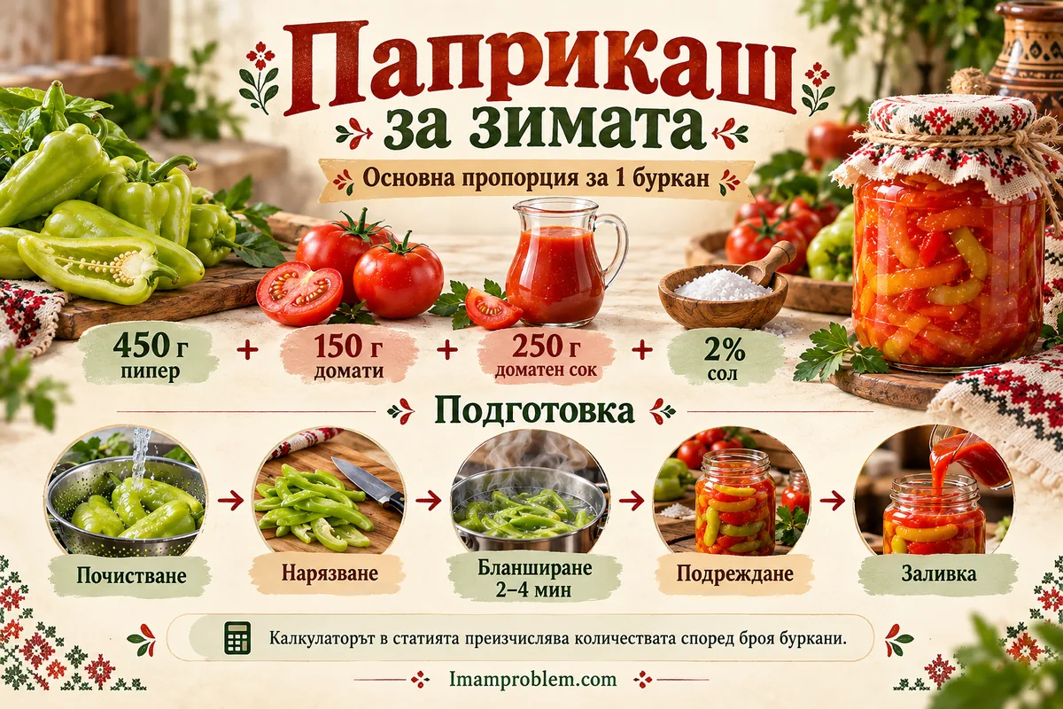 Паприкаш за зимата – пропорция от 450 г пипер, 150 г домати и 250 г доматен сок за един буркан